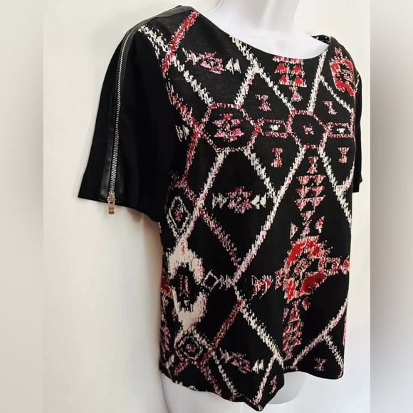 SANDRO PARIS Office Siren Blouse Sz2 US M Cowhide Leather Zip Sleeve Geometric - Picture 2 of 13